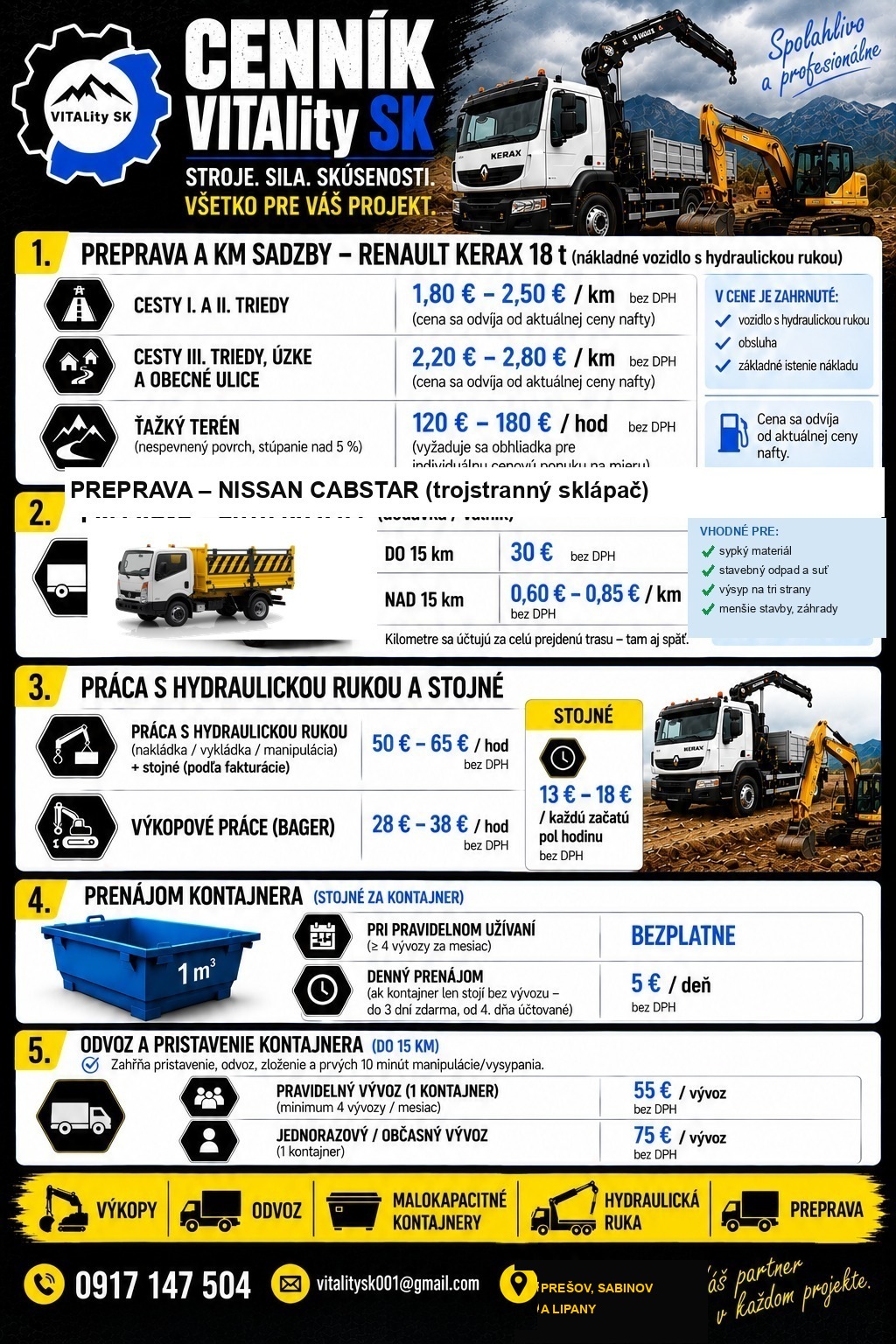 VITALity SK – cenník prehľadné ceny: preprava, hydraulická ruka, kontajner
